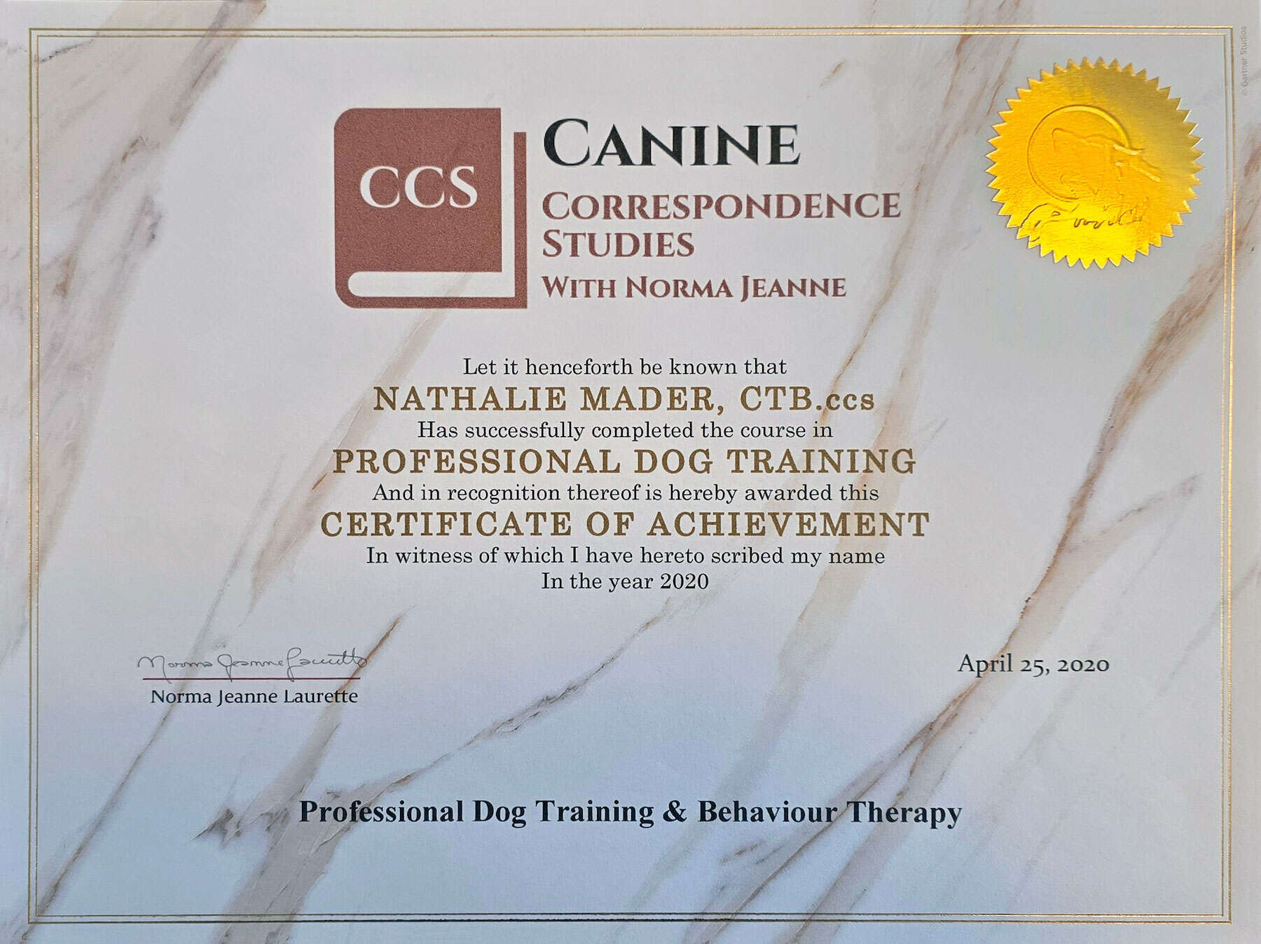Certified in Professional Dog Training